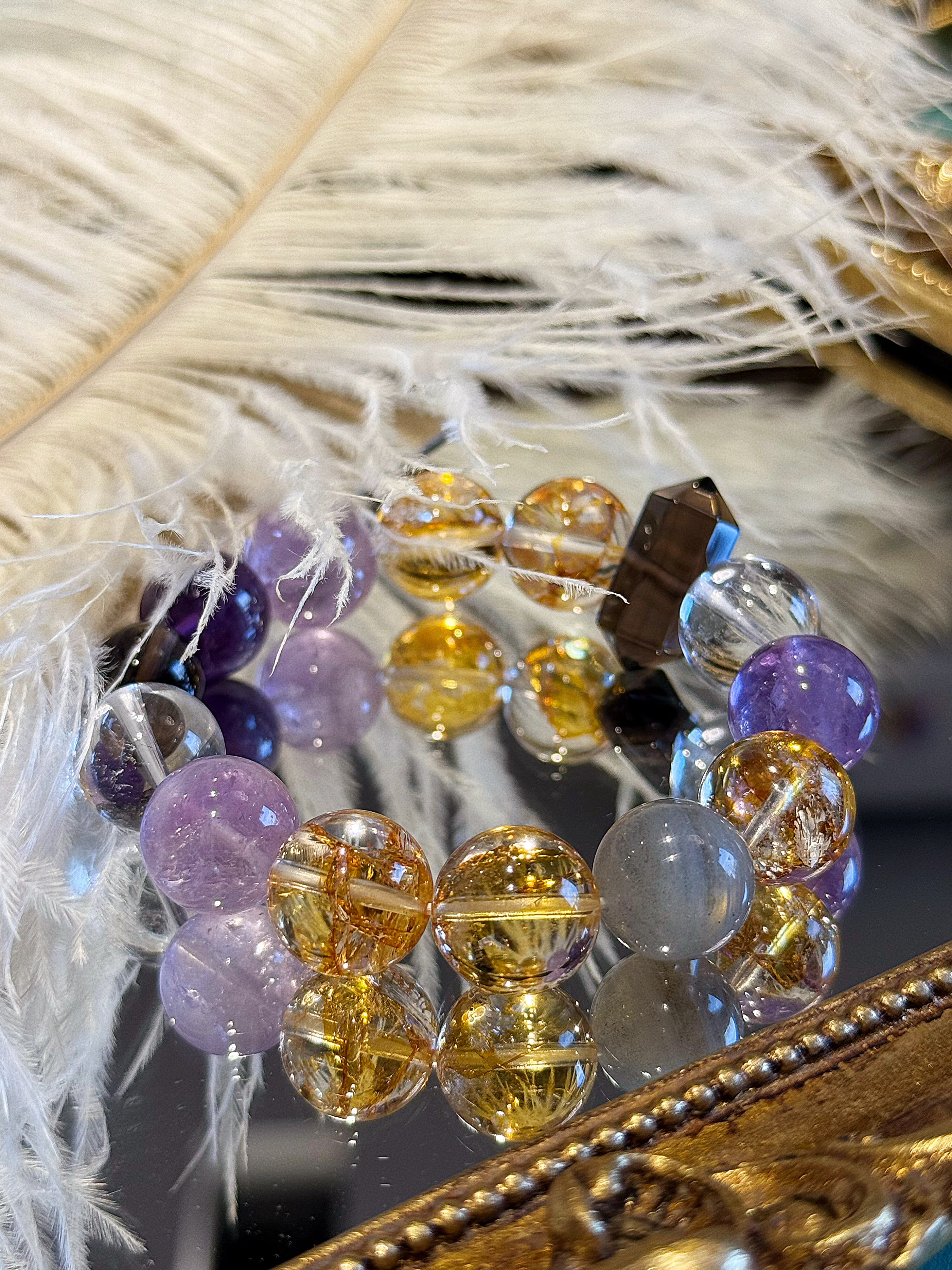 Starry Splendor: Natural Amethyst & Grey Moonstone 'Golden Koi' Fortune Bracelet