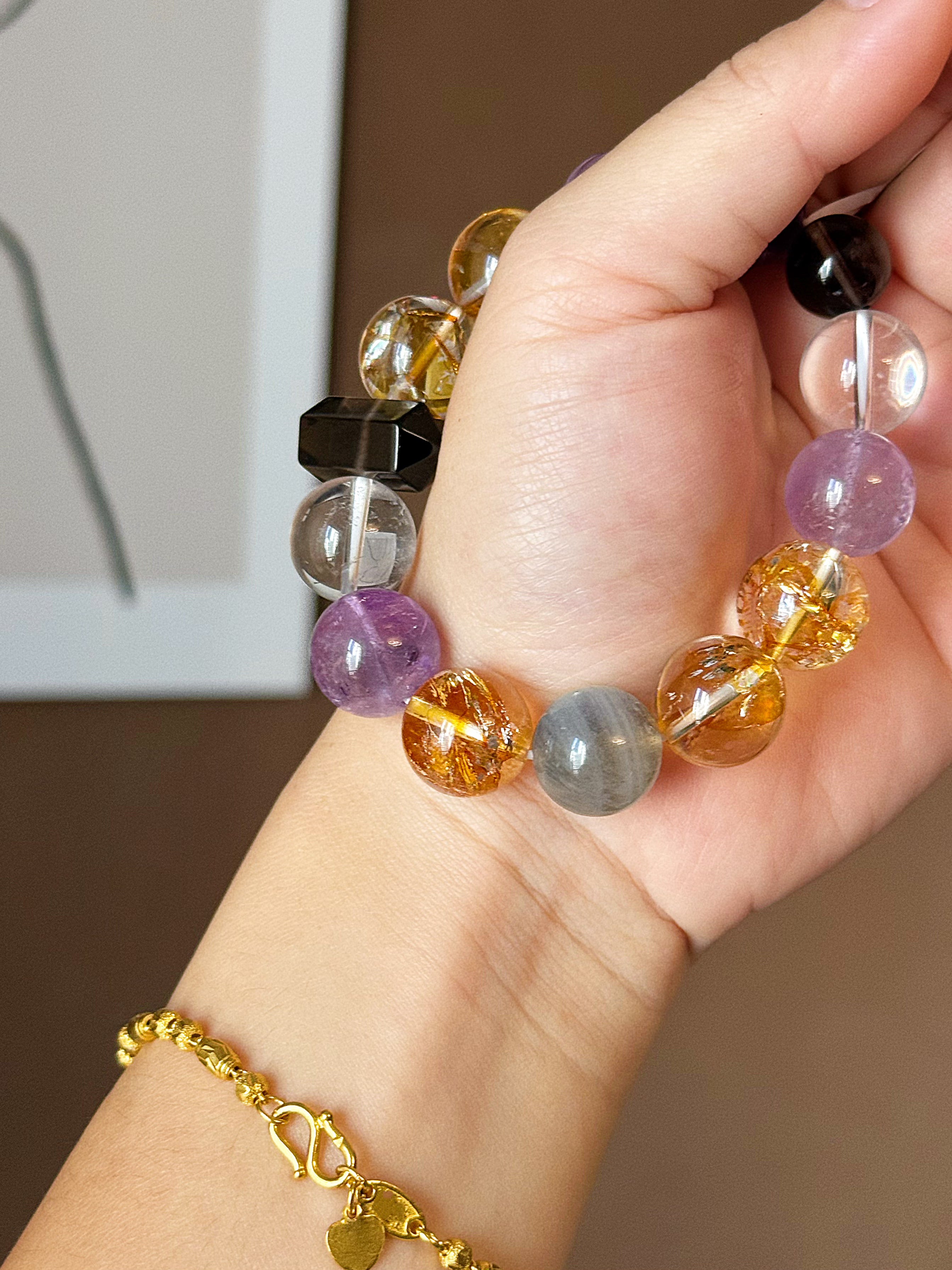 Starry Splendor: Natural Amethyst & Grey Moonstone 'Golden Koi' Fortune Bracelet