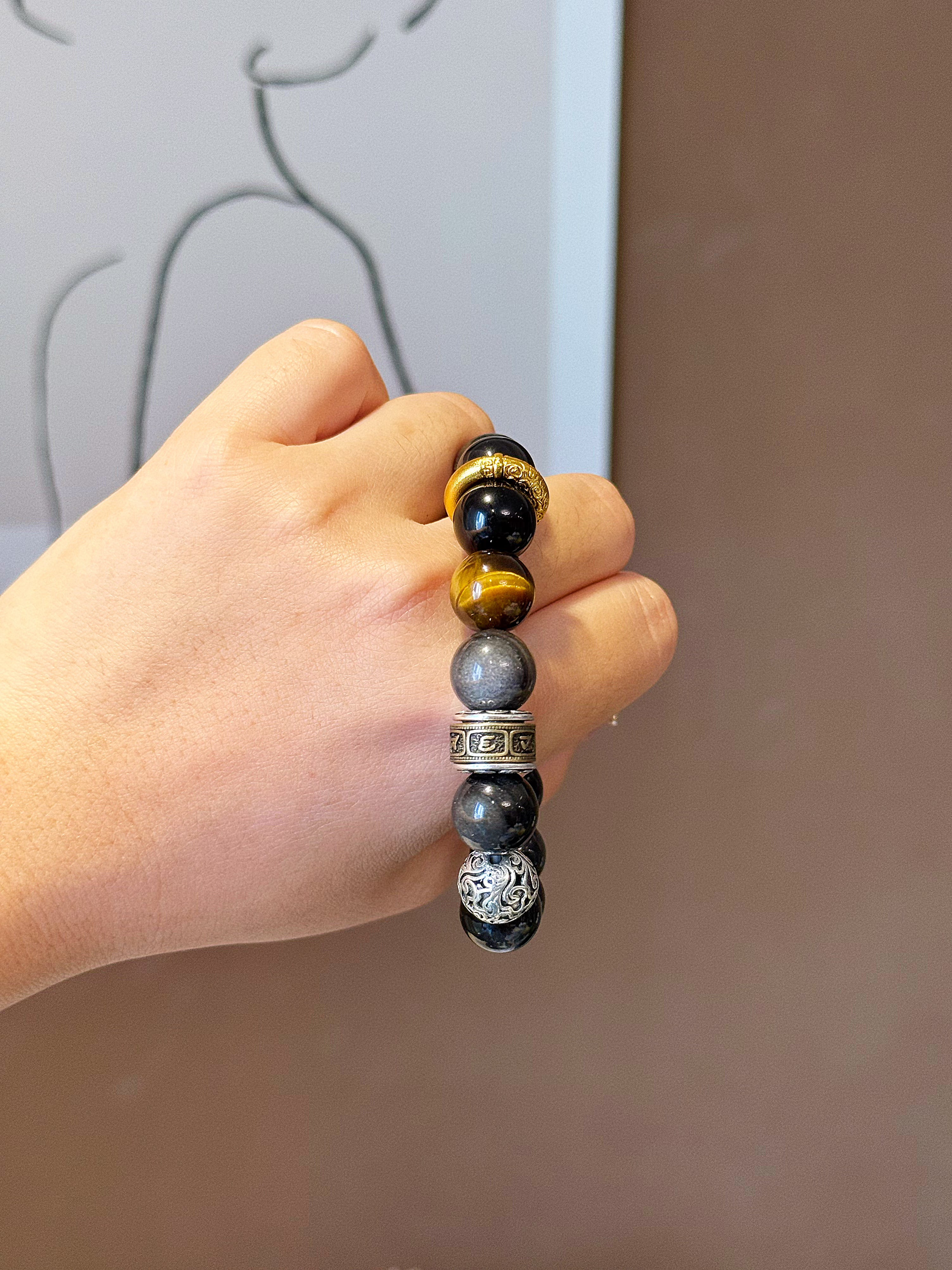 Celestial Aegis: Natural Silver Obsidian, Tiger's Eye & Meteorite Guardian Bracelet