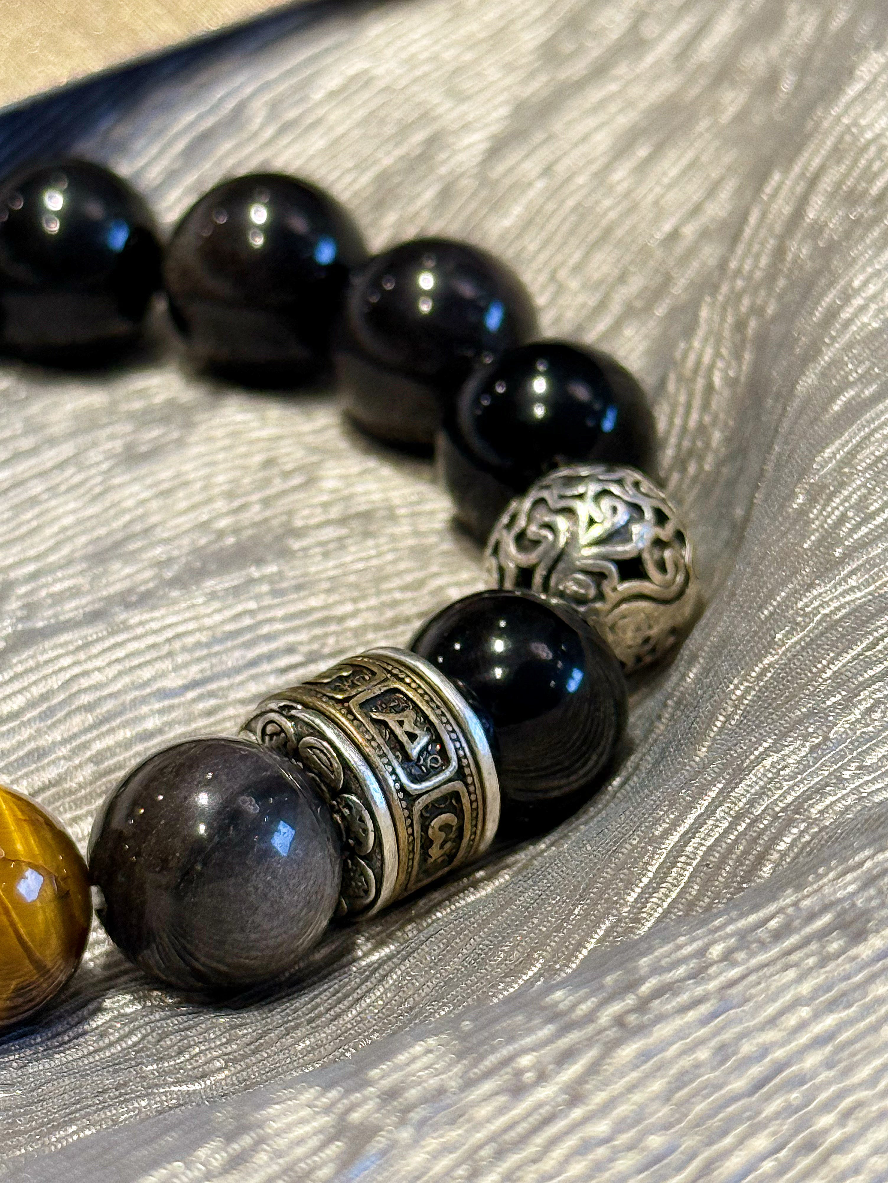 Celestial Aegis: Natural Silver Obsidian, Tiger's Eye & Meteorite Guardian Bracelet