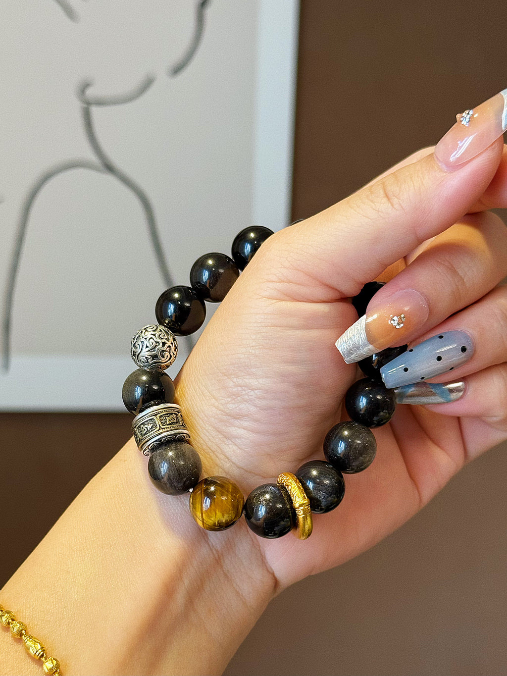 Celestial Aegis: Natural Silver Obsidian, Tiger's Eye & Meteorite Guardian Bracelet