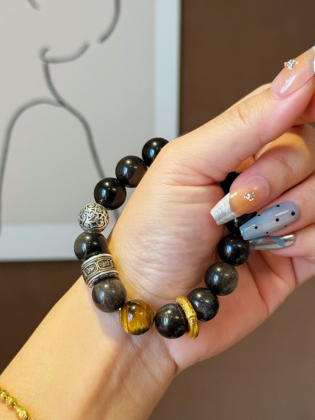 Celestial Aegis: Natural Silver Obsidian, Tiger's Eye & Meteorite Guardian Bracelet