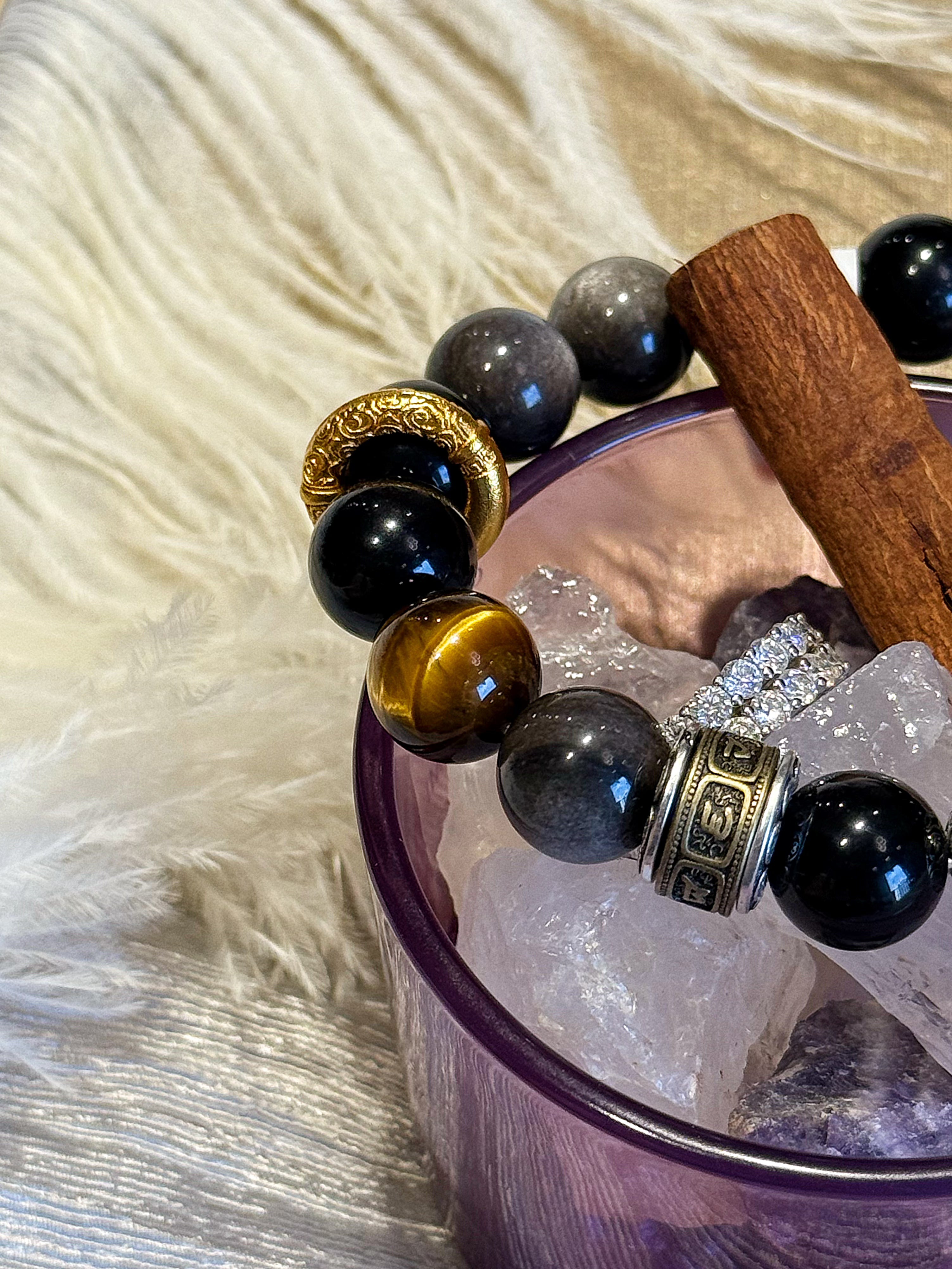 Celestial Aegis: Natural Silver Obsidian, Tiger's Eye & Meteorite Guardian Bracelet