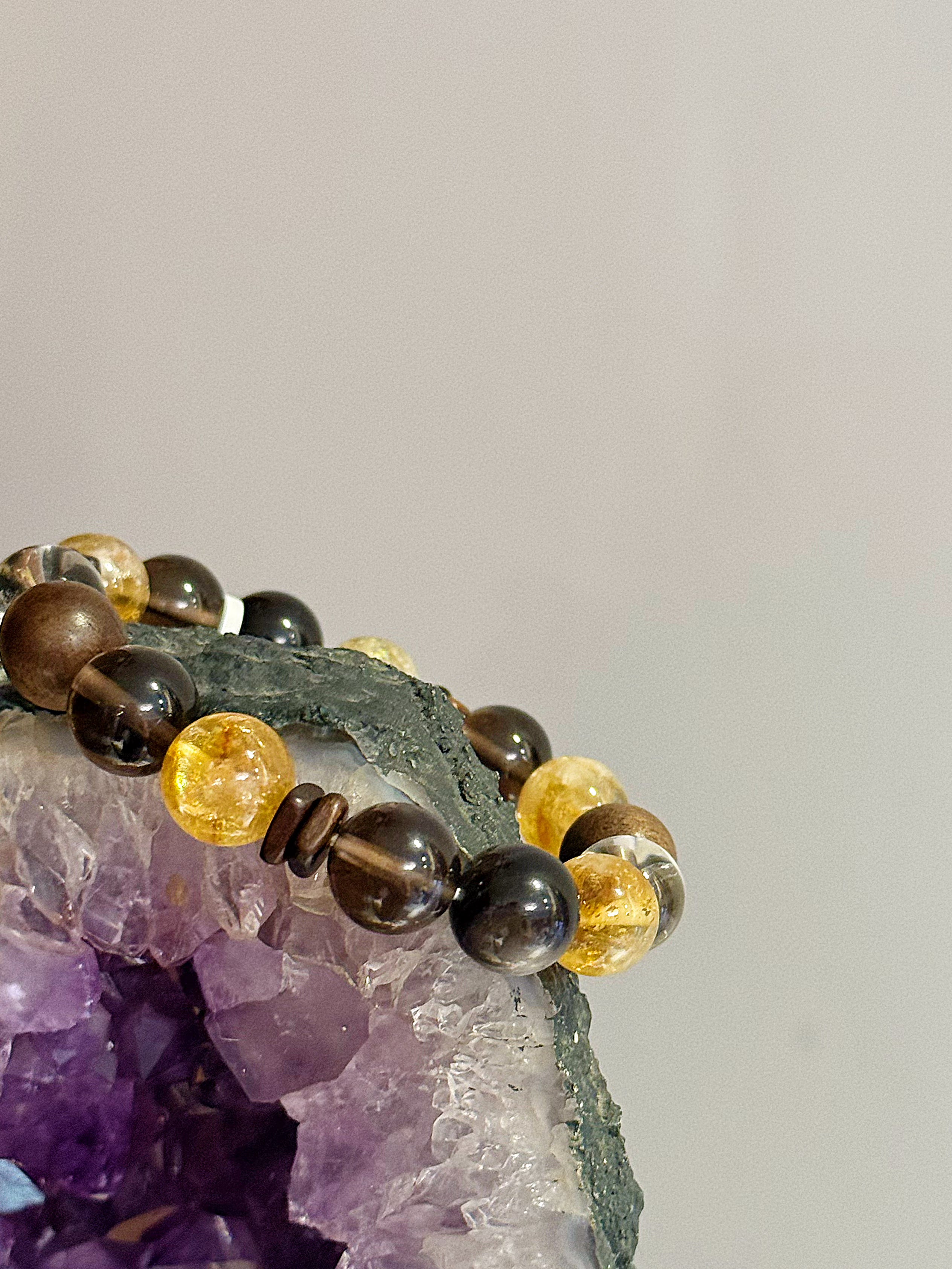 Earthbound Ascent: Yellow Phantom & Silver Obsidian Zen Wood Bracelet