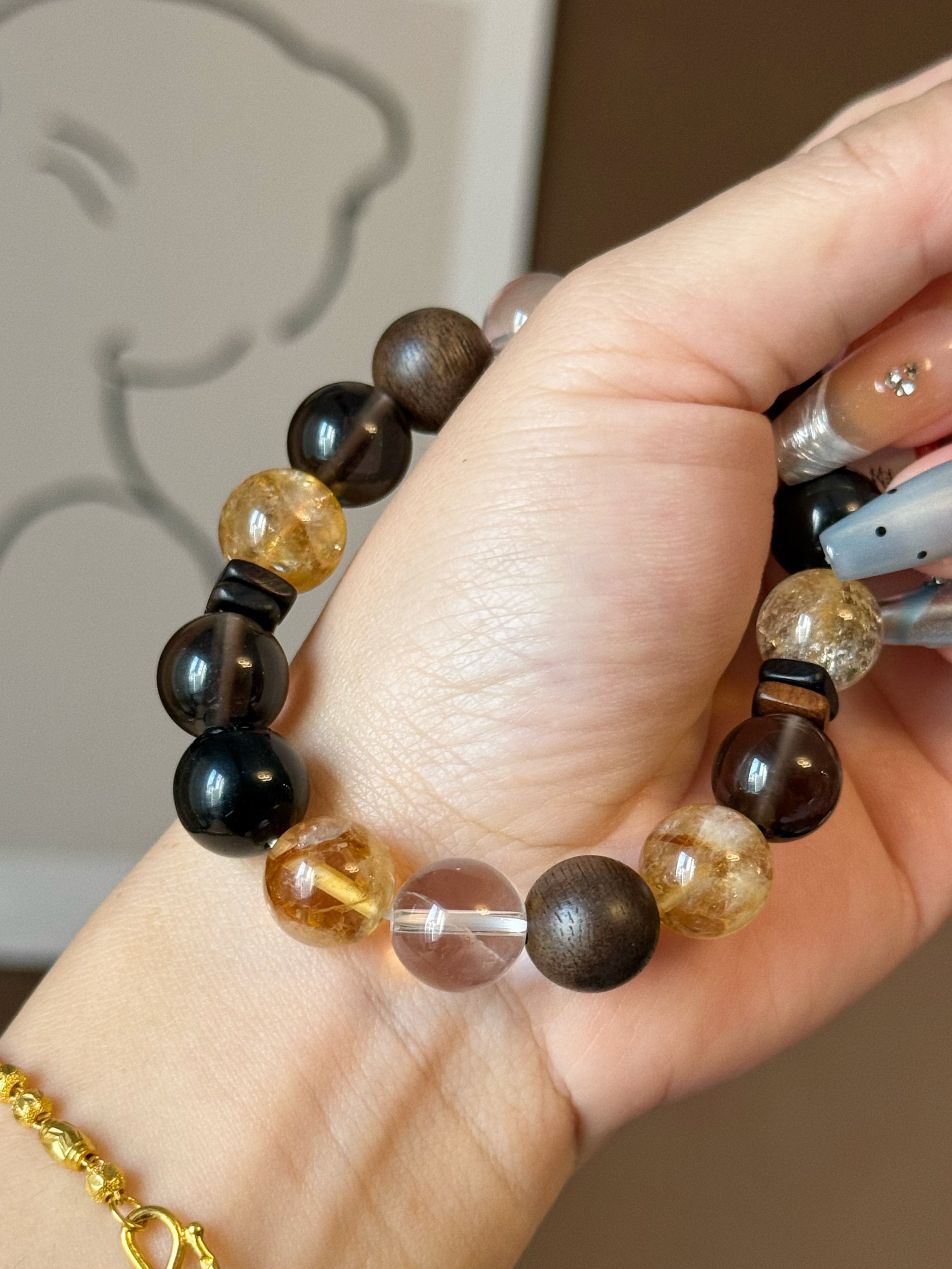 Earthbound Ascent: Yellow Phantom & Silver Obsidian Zen Wood Bracelet