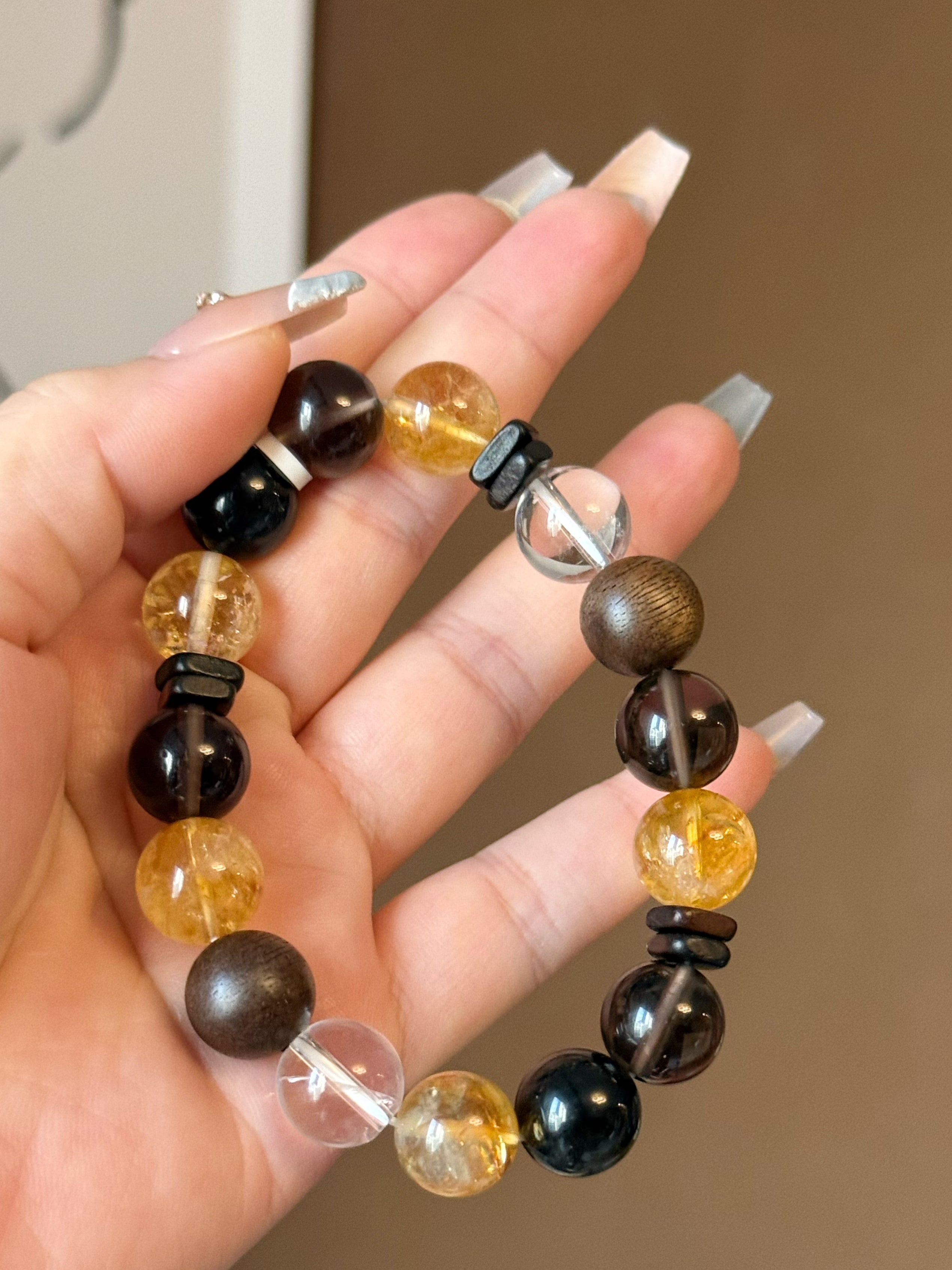 Earthbound Ascent: Yellow Phantom & Silver Obsidian Zen Wood Bracelet