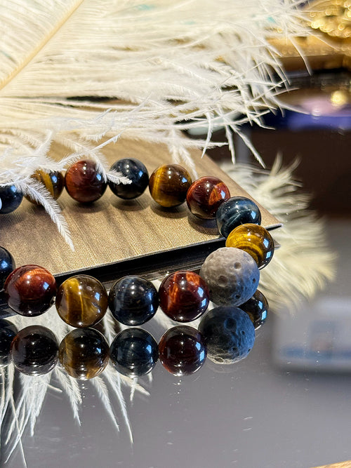 Cosmic Trinity: Tricolor Tiger's Eye, Silver Obsidian & Meteorite Shield Bracelet