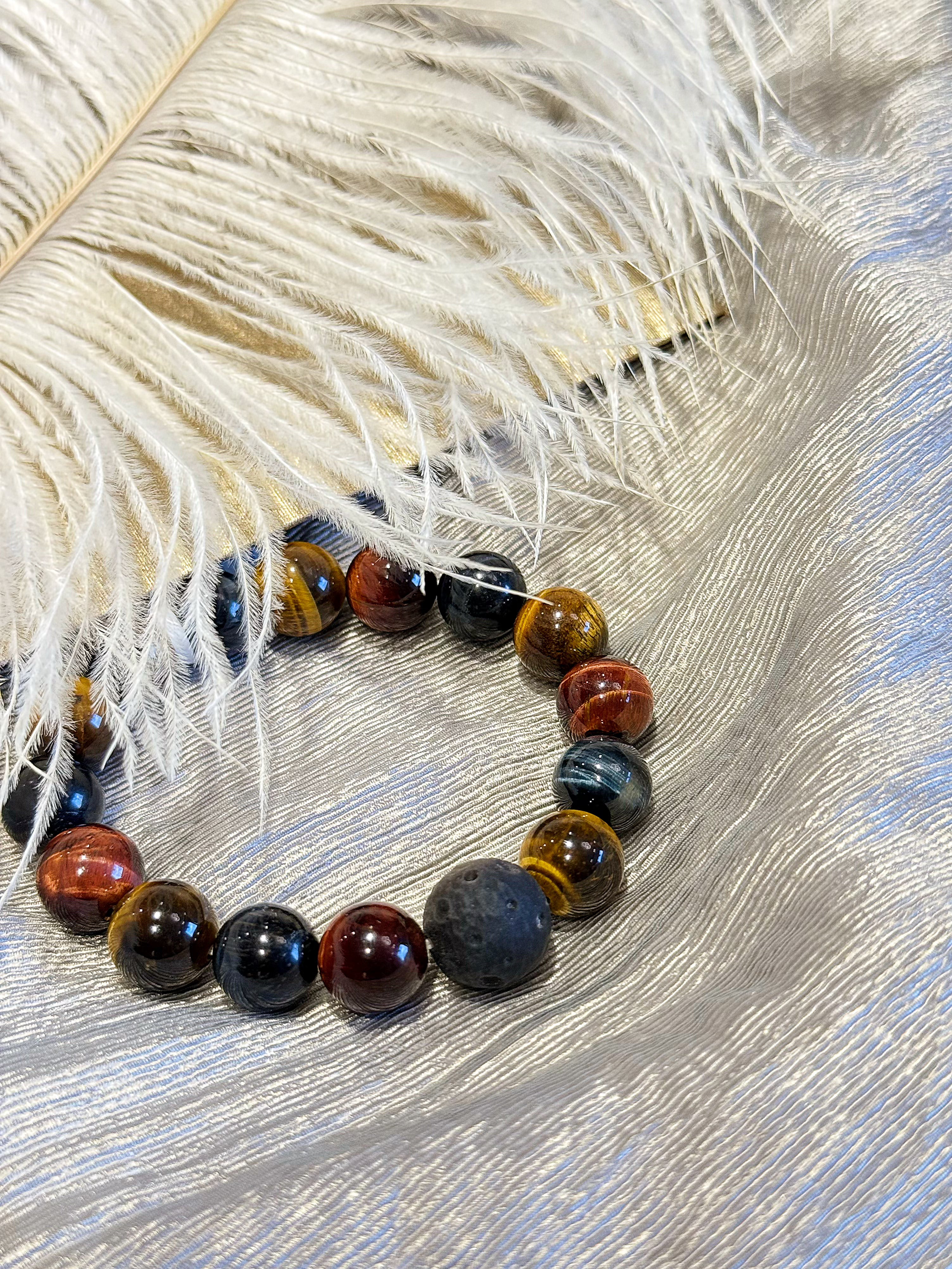 Cosmic Trinity: Tricolor Tiger's Eye, Silver Obsidian & Meteorite Shield Bracelet