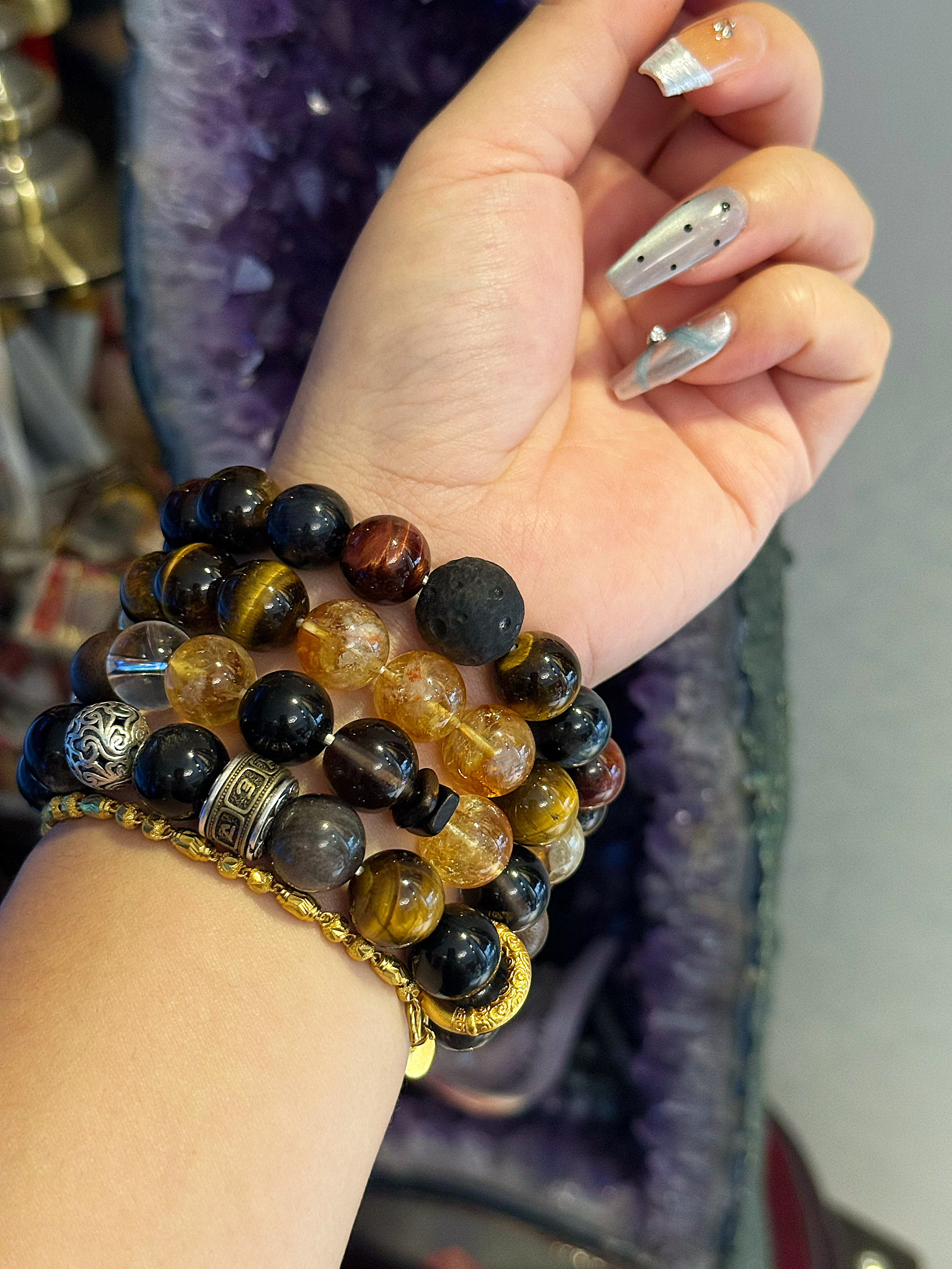 Cosmic Trinity: Tricolor Tiger's Eye, Silver Obsidian & Meteorite Shield Bracelet